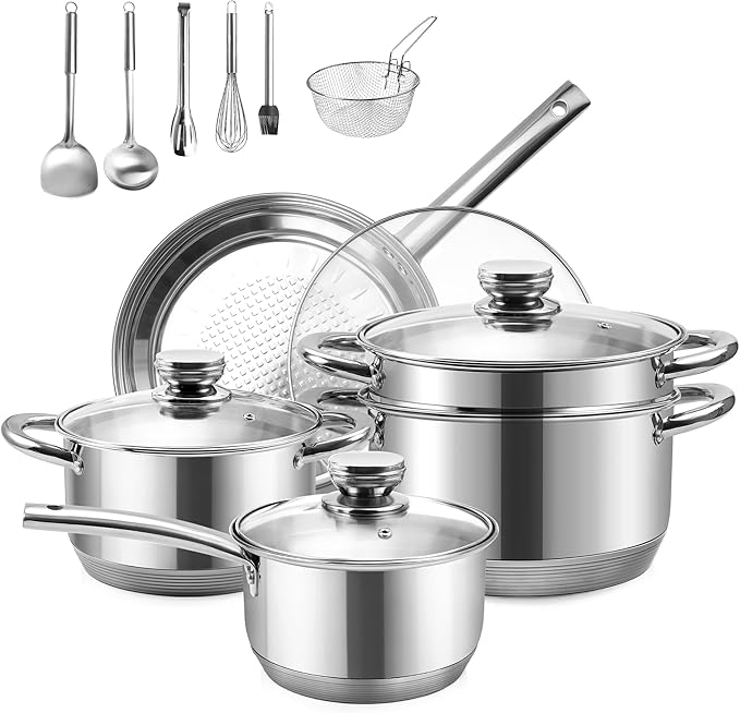 Stainless Steel Pots and Pans Set 15-Piece Induction Cookware Set Kitchen Cooking Pot and Pan Set Non Toxic Dishwasher ＆ Oven Safe Compatible with All Stovetops - Gas Electric Induction