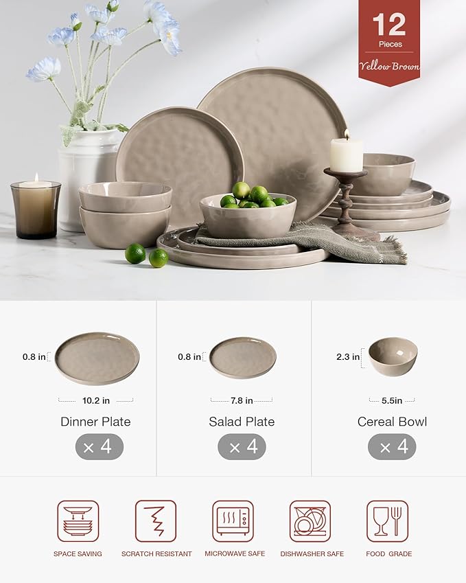 Famiware Mars Plates and Bowls Set 12 Pieces Dinnerware Sets Dishes Set for 4 Cinnamon Brown