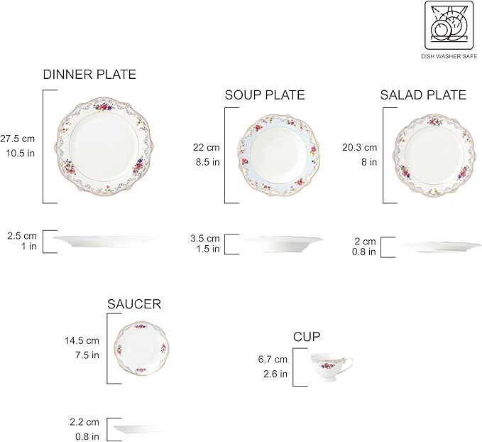 Joseph Sedgh Collection Romantic Bloom 20-Piece Bone China Dinnerware Set Service for 4 Floral with Blue and Gold Trim