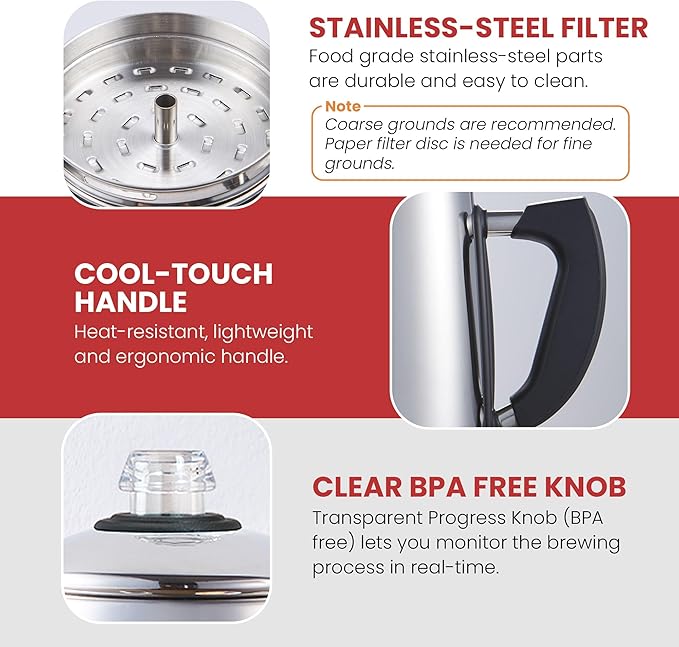 Elite Gourmet EC924 Electric Coffee Percolator BPA Free Keep Warm Clear Brew Progress Knob Cool-Touch Handle Cordless Serve 12-Cup Stainless Steel