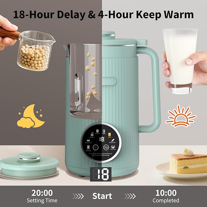 35oz Soy Milk Maker Machine: 8-in-1 Nut Milk Maker for Oat Milk Vegan Drinks Baby Food Blender - Plant-Based Milk Machine with Stainless Steel LED Touch Auto Shutoff (Green)