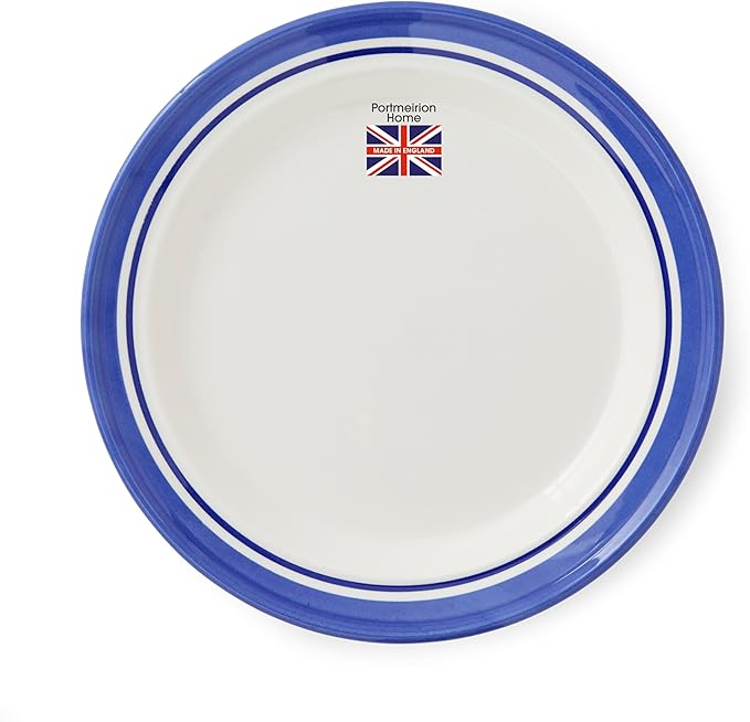Portmeirion Potter's Stripe 16-Piece Dinnerware Set - Blue Rimmed Plates Bowls &amp Mugs Earthenware Tableware for Coastal Casual Dining - Microwave Freezer &amp Dishwasher Safe Service for 4
