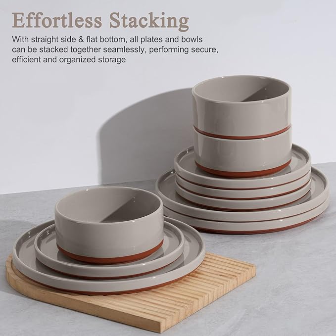 LIANYU 18 Piece Dinnerware Sets for 6 Modern Style Stoneware Dinnerware Set Scratch Resistant Dishwasher Safe Bowl and Plate Sets Ceramic Dish Dinner Set Terra Brown