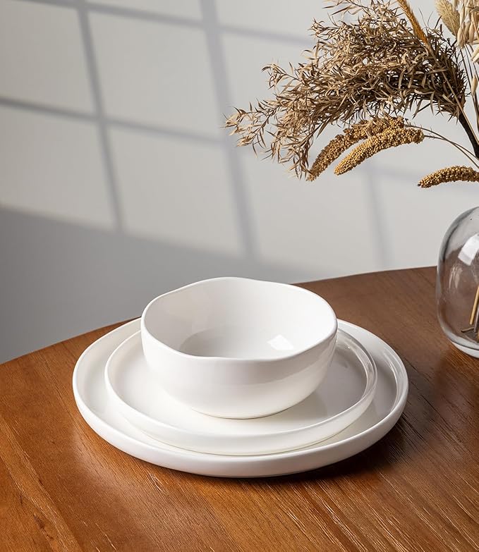 TheTerra Ceramic Dinnerware Sets Handmade Reactive Glaze Plates and Bowls Set Scratch Resistant Dish Set Oven &amp Microwave &amp Dishwasher Safe Bright White