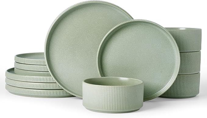 Famiware Star Dinnerware Set Plates and Bowls Sets for 4 (12pcs) Ribbed Stoneware Dishes - Chip &amp Scratch Resistant Microwave &amp Dishwasher Safe Matte Sage Green