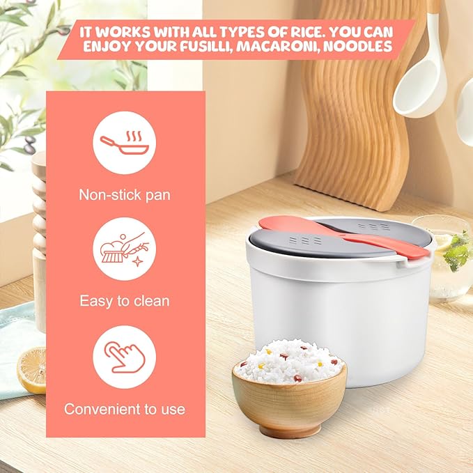 Microwave Rice Cooker 2L Microwave Pasta Cooker with Strainer Lid 2 Layer Non-Stick Microwave Vegetable Steamer Pasta Cooker Dishwasher Safe Rice Steamer for Oats Veggies Pasta