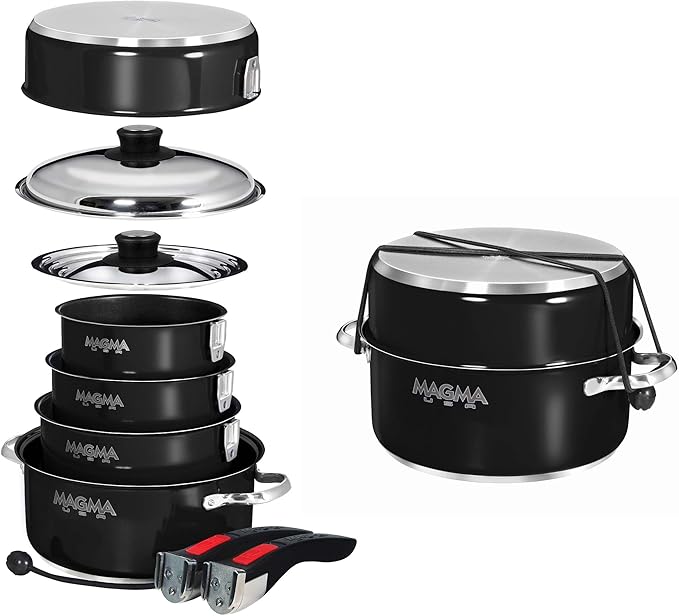 Magma 10 Piece Gourmet Nesting Stainless Steel Cookware Set with Ceramica Non-Stick Induction Compatible Oven Safe to 500°F - Suitable for All Stovetops Removable Handles Jet Black