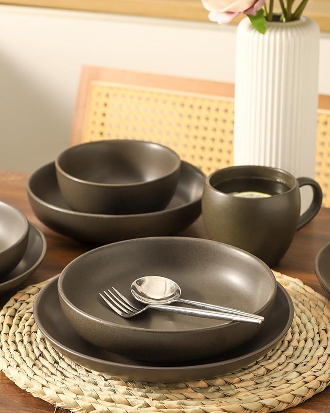 Dinnerware Sets Stoneware Plates and Bowls Sets Farmhouse 16 Piece Dish Set for 4 Ceramic Plates Set with Mugs for Kitchen Scratch Resistant Dishwasher &amp Microwave Safe Matte Black