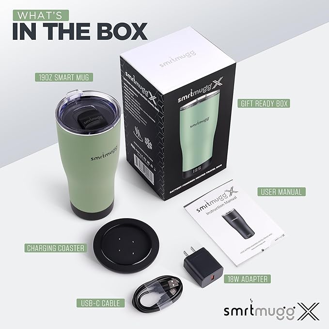 X Heated Coffee Mug 19 oz. 8 Hour Battery Life Self-Heating Adjustable Temp Controlled LCD Screen Includes Cover with Magnetic Slider (Black) (Sage Green)