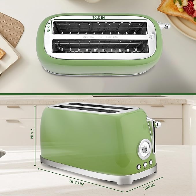 SUSTEAS Toaster 4 Slice Wide Slot Stainless Steel Bread Bagel Toasters Retro Long Slot Tostadora for Defrost Reheat Removable Crumb Tray 1500W 6 Browning Settings Green