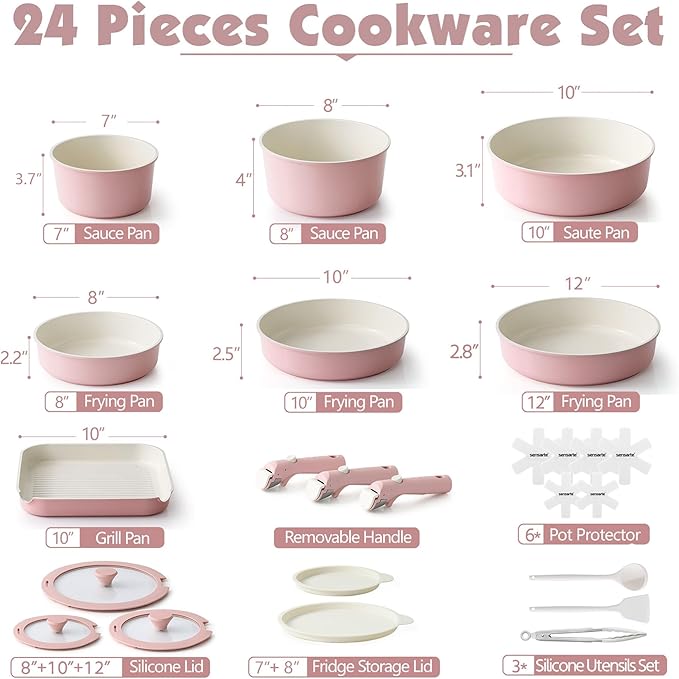 SENSARTE 24 Piece Ceramic Pots and Pans Set Nonstick Detachable Handle Cookware Induction Kitchen Cookware Set with Removable Handle Healthy Non Stick for RV Dishwasher＆Oven Safe PFOA Free (Pink)
