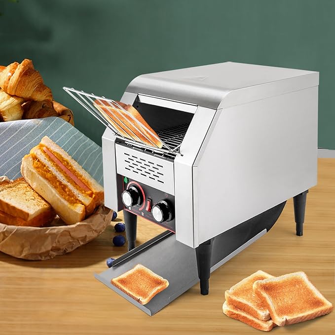 Commercial Conveyor Toaster 150 Slices/Hour 1.3KW Countertop Stainless Steel Bread Toaster with 7 Gears Adjustable Heavy Duty Electric Restaurant Toaster for Bagel Burgers Sandwich Baked Food