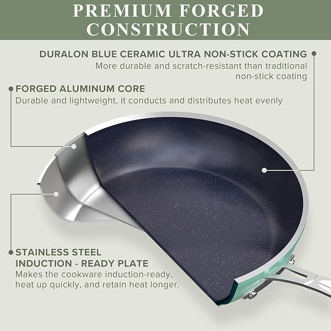 Nuwave Healthy Duralon Blue Ceramic Nonstick Cookware Set Diamond Infused Scratch-Resistant PFAS Free Dishwasher &amp Oven Safe Induction Ready &amp Evenly Heats Tempered Glass Lids &amp Stay-