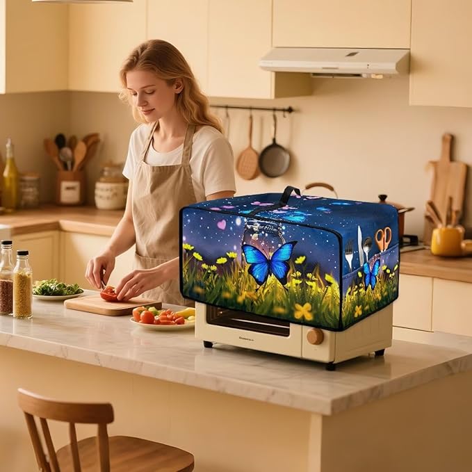 Doojoayie Butterfly Toaster Cover Dust-Proof Small Appliance Covers 6 Slice Stain Resistant Bread Machine Cover Polyester Fabric Kitchen Appliance Dustproof Protector