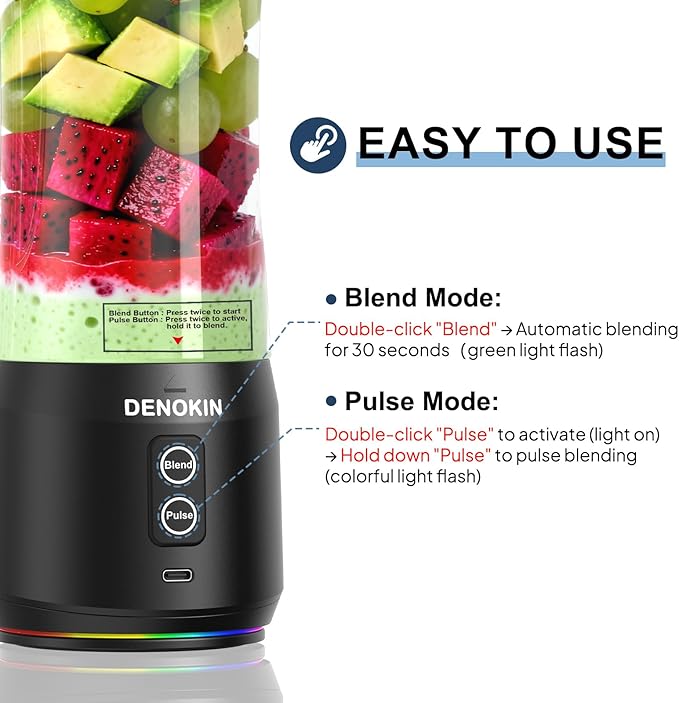 DENOKIN Portable Blender Cordless 20oz Vessel Personal Blender for Shakes &amp Smoothies with On Go Lid &amp Sip Lid Small Mixer for Kitchen Home Travel