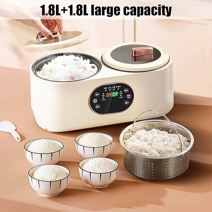 Double Slow Cooker 1.8L+1.8l Rice Cooker with Double Pots Timer and Keep Warm Function for Cooking Porridge and Heating Rice