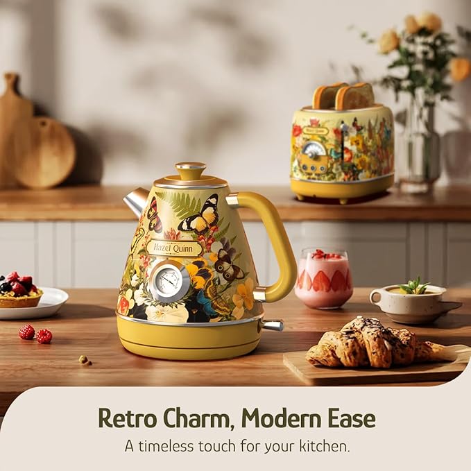 Hazel Quinn X Eduardo Recife Retro Breakfast Set 2-Slice Toaster &amp Electric Kettle Bundle 6 Browning Levels Extra Wide Slots 1200W Fast Boiling 1.7L Stainless Steel - Floral Artistic Design