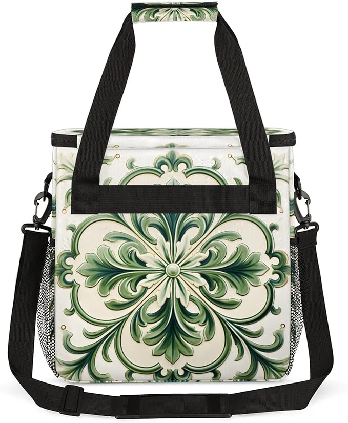 Green Floral Pattern Coffee Maker Travel Bag for Keurig K-Mini/K-Mini Plus Insulated Waterproof Tote with Pockets for K-Cup Portable Single-Serve Brewer Case