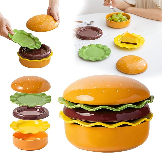 Hamburger Plate Set Ceramic Hamburger Plates And Bowls Sets 5-Piece Novelty Stackable Burger Dinnerware Set Cute Hamburg Style Dessert Plates Dishwasher Safety (Large-6.5x6.5x5.31 in)