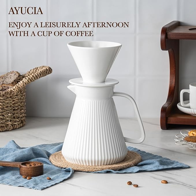 Pour Over Coffee Maker Set Ceramic Coffee Dripper with Pot Set 22OZ White Cream Pour Over Coffee Brewer for Home Café Restaurant Camping Size 02