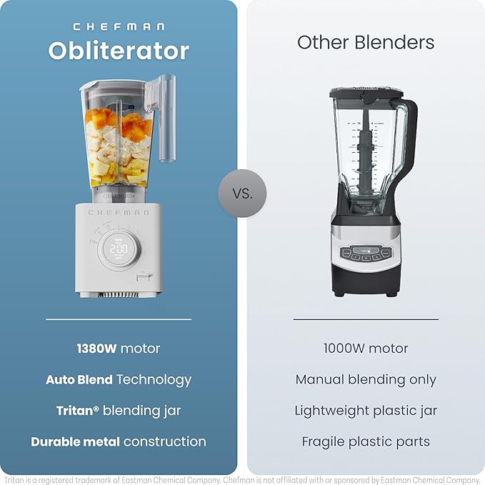 Chefman Obliterator 48 oz Countertop Blender for Smoothies 1380W Motor to Crush Ice Nuts and Frozen Fruit with Stainless Steel Blade Auto Blend Function Includes Tamper and Scraper