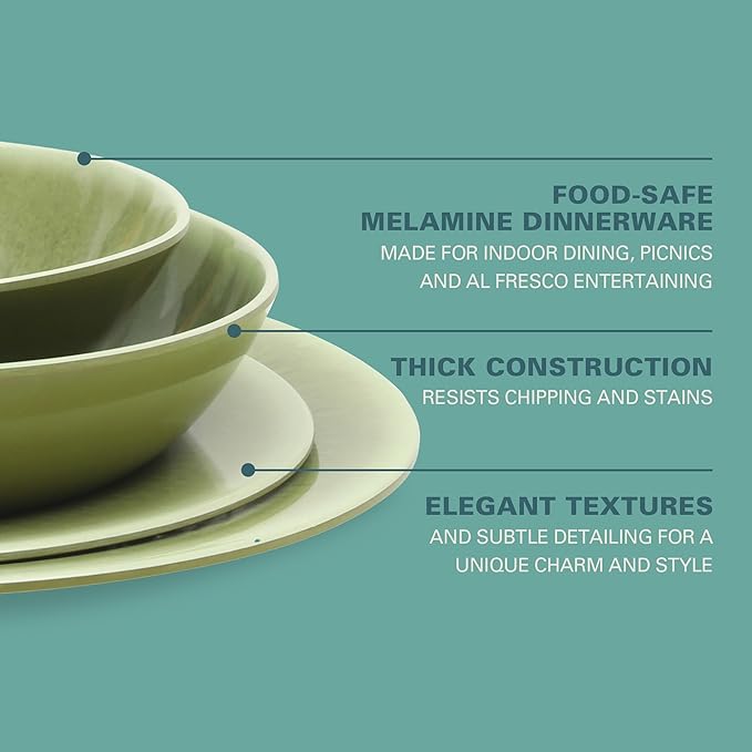 Gibson Home Casper Court 16-Piece Melamine Dinnerware Set – Green Reactive Glaze Look Plates and Bowls Service for 4 – Top Rack Dishwasher Safe Everyday Dining Set