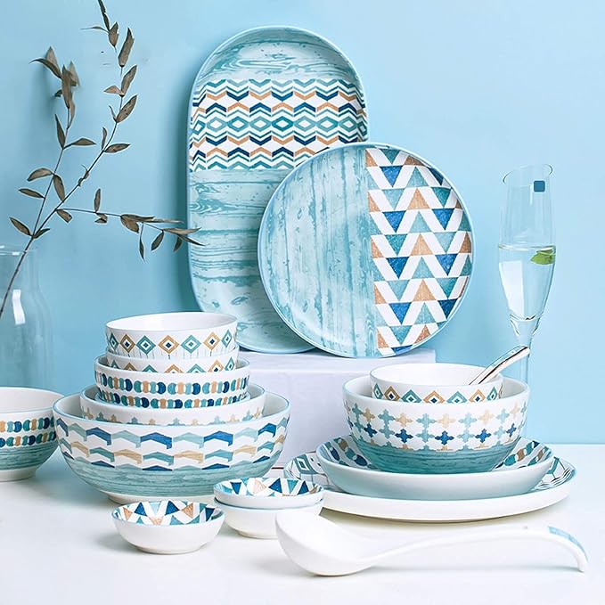 High-End Dinner SetCeramics Dinner Sets Blue Geometric Patterns Porcelain Dinnerware Set of 42 | Cereal Bowl and Steak Plate Set for Housewarming Gift
