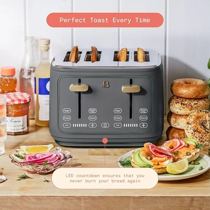 Four-slot Digital Touch Display Toaster with LED Countdown Extra Wide Self-Adjusting Slots Powerful Even Toasting (Oyster Gray)