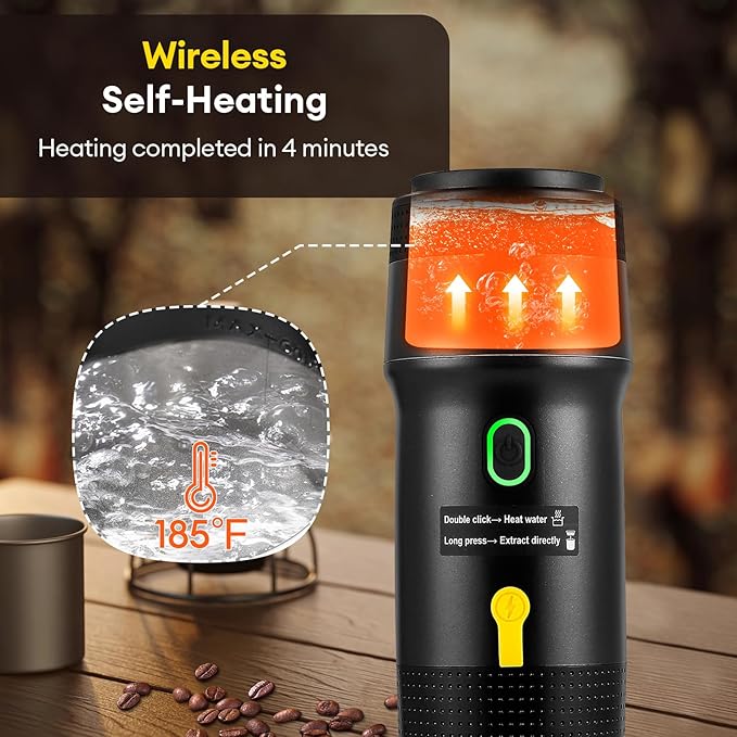 3 In 1 Portable Coffee Maker for Travel:20 Bar Portable Espresso Machine-Travel Coffee Maker Self HeatingCompatible with Ground Coffee &amp Capsule for HikingOfficeRV（Upgrade）