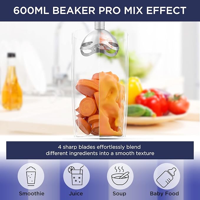 Howork 450W Immersion Hand Blender 4-in-1 Multifunctional 2 Speed Stainless Steel Handheld Stick Blender Titanium Cross Blade 600ml Mixing Beaker and 500ml Food Processor Dishwasher Safe Black