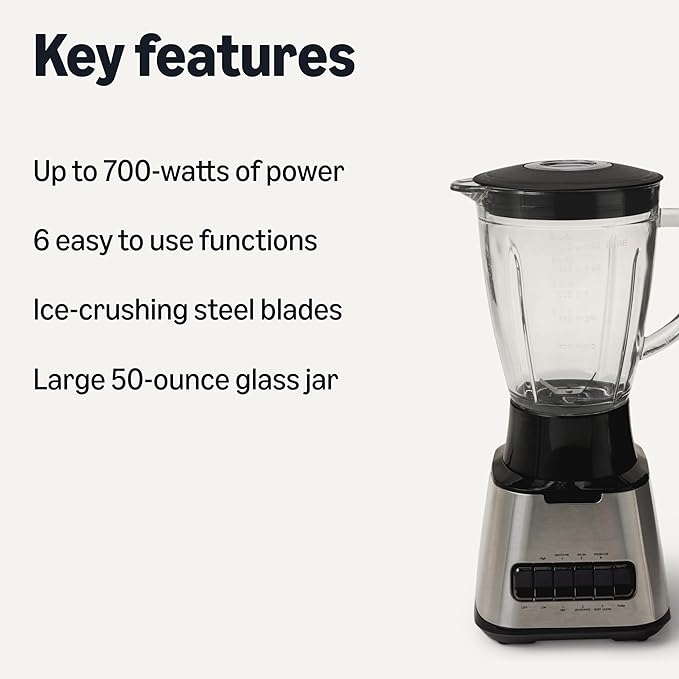 Amazon Basics Powerful 700W Countertop Blender with 6-Cup (50 Fl. Oz) Glass Jar 6 Pre-Programmed Functions Ice Crush Stainless Steel Blades Black &amp Silver