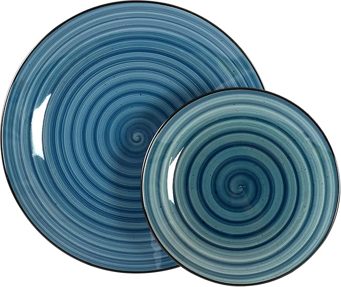 24-Piece Stoneware Dinnerware Set – Round Two-Tone Hand-Painted Dishes with Swirl Design Service for 6 Microwave &amp Dishwasher Safe Tableware (Dark Blue)