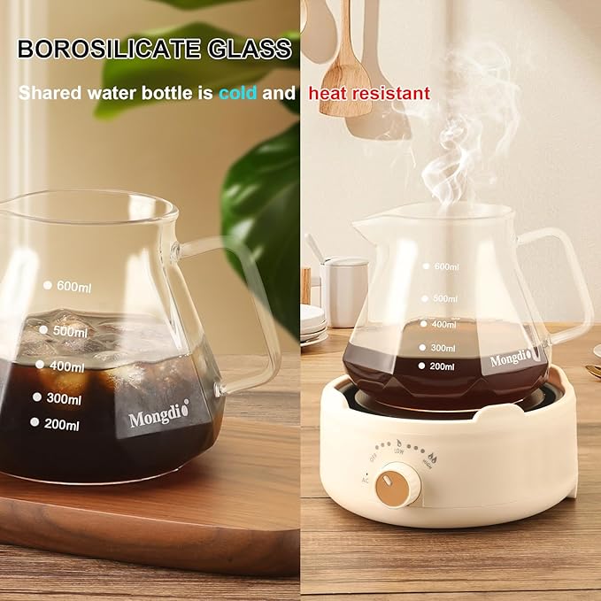 Mongdio Pour Over Coffee Maker 20 oz High-Heat Borosilicate Glass Coffee Maker with 100pcs Paper Filters 5 in 1 Drip Coffee Maker Set for Home Café Restaurant and Camping - 600ml Clear