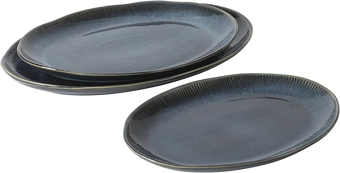 Gibson Elite Sandy Pines 3 Piece Oval Platter Set 15.7” 13.75” &amp 12” Stoneware Serving Platters Reactive Glaze Finish Blue Microwave &amp Dishwasher Safe