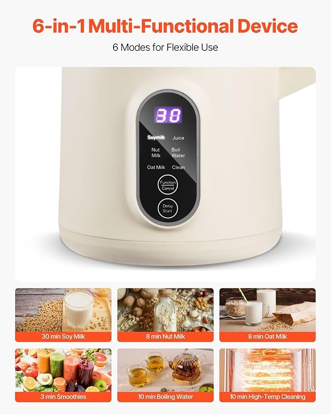 Nut Milk Maker 20oz Soy Milk Machine - 6-in-1 Oat Almond Rice Milk Juice Boil Water Self-Cleaning 12-Hour Delay Plant-Based Beverage Maker