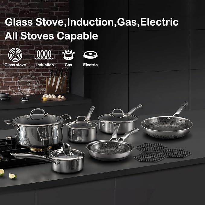 Pots and Pans Set Non Stick 14 Pcs Hybrid Stainless Steel Cookware Sets Non Stick Frying Pans Saucepans Saute Pan &amp Stock Pot PFOA Free Kitchen SkilletInduction Compatible