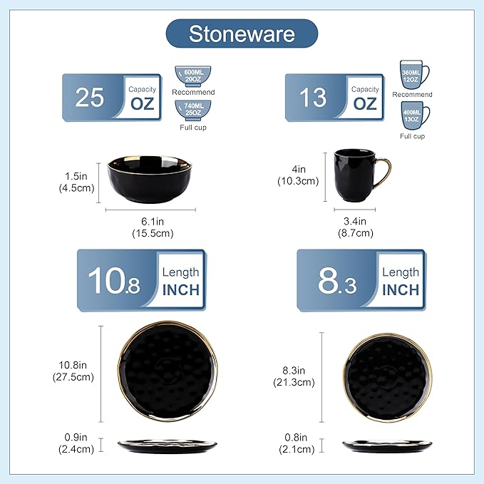 LOVECASA 16 Pieces Plates and Bowls Sets Porcelain Black and Gold Dinnerware Sets Round Dinner Plates Dishes Set Service for 4 Dishwasher Safe and Scratch Resistant Black