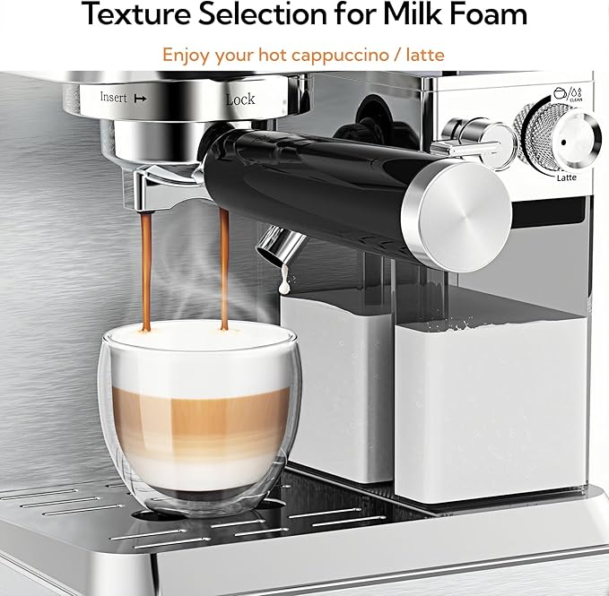 MAttinata CM1833L Automatic Cappuccino Machine 20 Bar Espresso Maker with Dual Boiler &amp Self-Cleaning Milk Frother Touch Screen Coffee Machine for Latte Stainless Steel Home and Office Silver