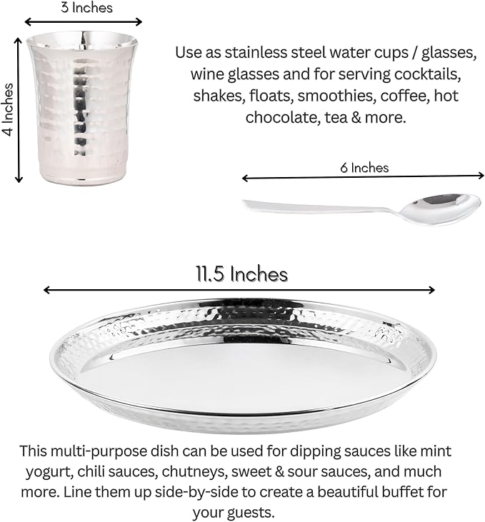 42-Piece Dinnerware set for 6 ~ Stainless steel Hand Hammered Dinner set ~ Plates Tumblers and Bowls (Dishwasher safe Durable)
