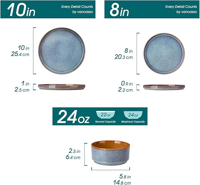 vancasso ONION Ceramic Plates and Bowls Sets 12 Pieces Blue Dinnerware Sets and 16 oz Large Ceramic Coffee Cups Set of 6 Stoneware Mugs with Handle for Latte Tea Cappuccino