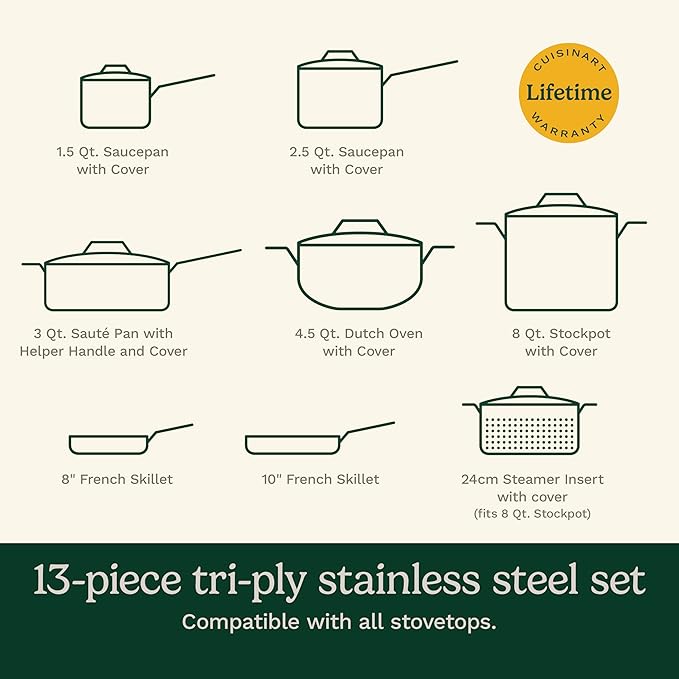 Cuisinart FCT-13 13-Piece Cookware Set French Classic Tri-Ply Silver