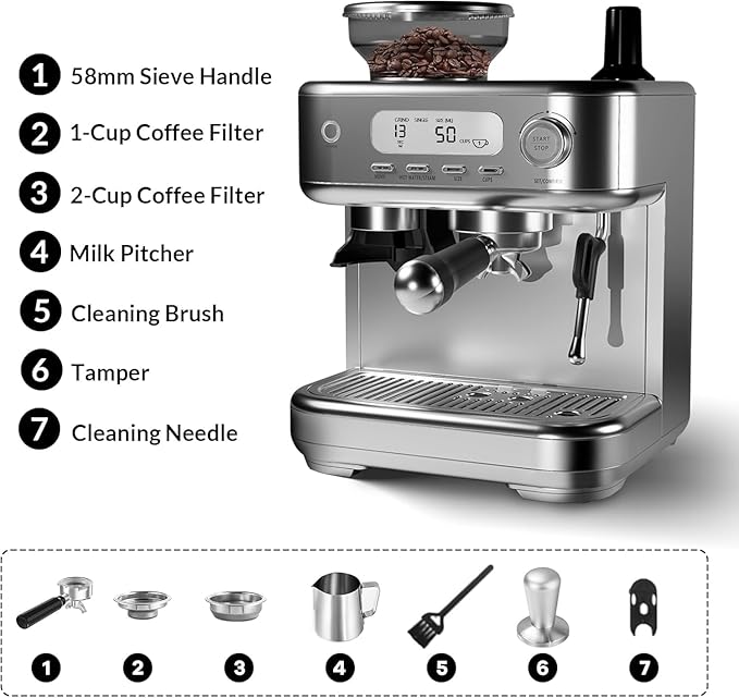 Espresso Machine 20 Bar Machine with Grinder - Professional Cappuccino and Latte Maker with Powerful Milk Frother for Home Barista LCD Display Single &amp Double Cup Stainless Steel Coffee Maker