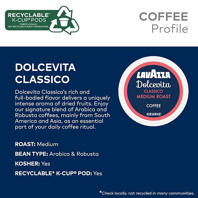 Lavazza Dolcevita Classico Single-Serve Keurig K-Cup Pods Medium Roast Coffee 88-Count Box (4 Packs of 22)