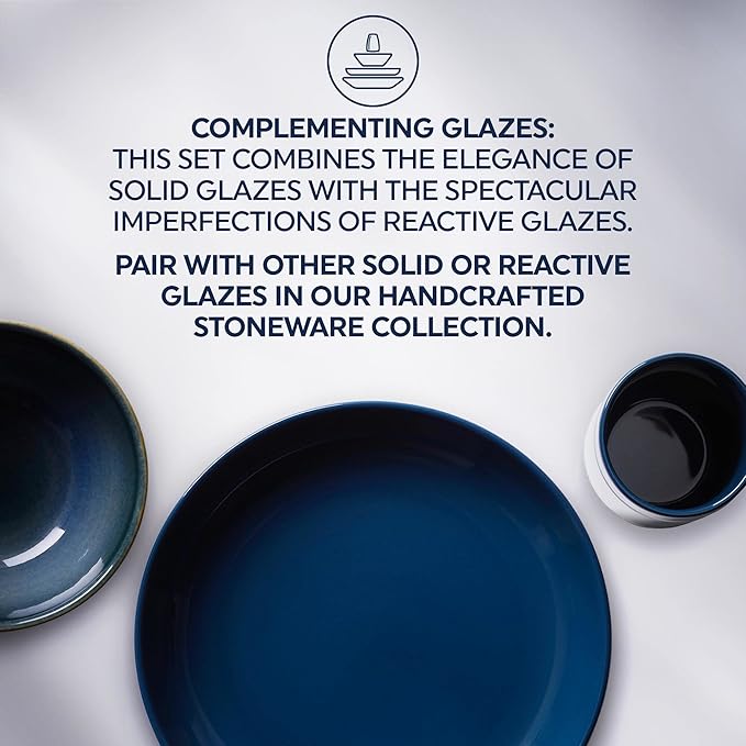 Corelle Stoneware Dinnerware Set Handmade Reactive &amp Solid Glazed Ceramic Plates and Bowls Modern Rustic Style Round Dishes Service for 4 Navy 16 PIECE SET
