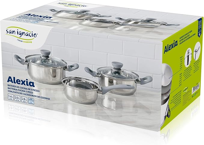 SAN IGNACIO Alexia 5-Piece Cooking Pot Set Includes 2 x 2.8 L and 2 L Pots with 2 Lids and 1 x 1.4 L Saucepan Stainless Steel Durable and Easy to Clean Suitable for All Hobs