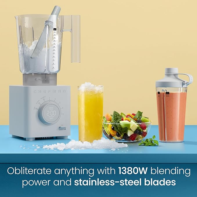 Chefman Obliterator 48 oz Countertop Blender for Smoothies 1380W Motor to Crush Ice Nuts and Frozen Fruit with Stainless Steel Blade Auto Blend Function Includes 20 oz Travel Jar - Concrete