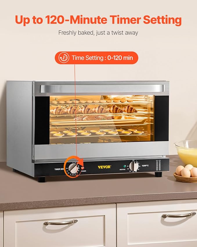 VEVOR Commercial Convection Oven 47L/43Qt Half-Size Conventional Oven Countertop 1600W 4-Tier Toaster w/Front Glass Door Electric Baking Oven w/Trays Wire Racks Clip Gloves 120V