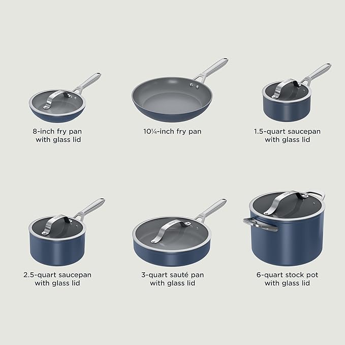 Ninja Ceramic Pro 11-Piece Cookware Set Non-Stick Pots &amp Pans Set with Glass Lids Nontoxic PTFE Free Ceramic Coated Oven Safe All Stovetops &amp Induction Compatible Midnight Blue CW39011