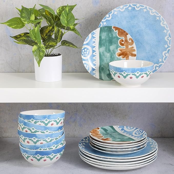 18-Piece Ceramic Dinnerware Set – Round Plates and Bowls with Colorful Patterns Microwave &amp Dishwasher Safe Tableware for 6 (Golen Blue)
