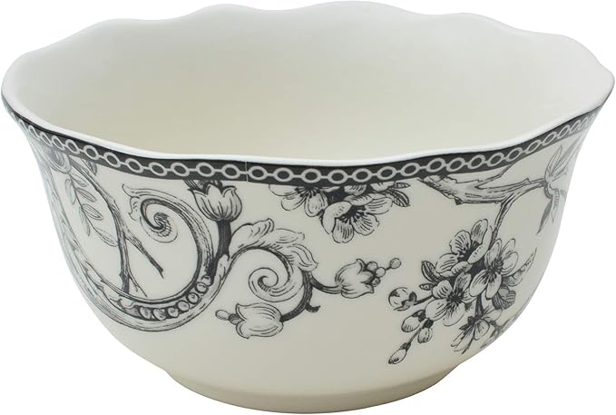 222 Fifth Adelaide 16-Piece Black Porcelain Dinnerware Set – Service for 4 Featuring Hand-Applied Romantic Woodland Bird Design Everyday Big Dinner Plates and Bowls Sets Microwave &amp Dishwasher